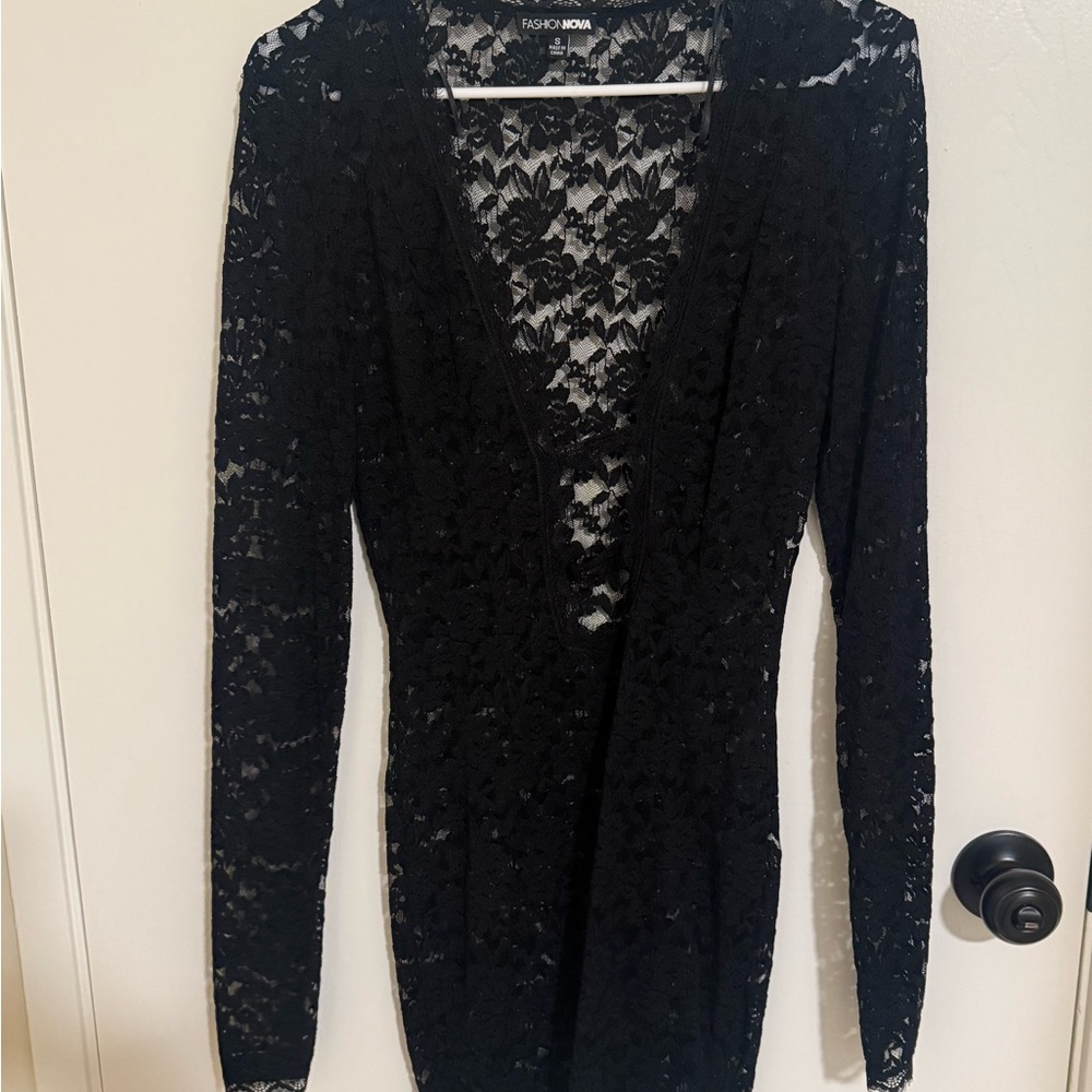 Black Lace Mini Sleeve Dress